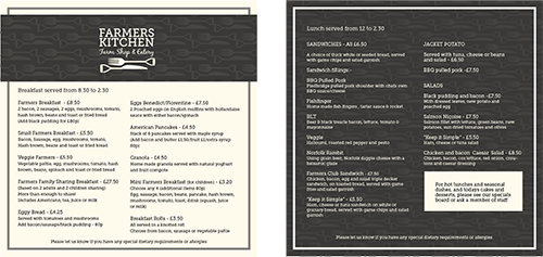 Restaurant menu designed by Red Dune